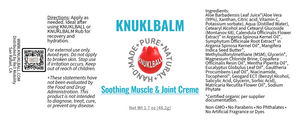 KNUKLBALM Soothing Muscle & Joint Crème product label - pure natural formula with aloe vera, MSM, magnesium for recovery and pain relief