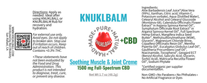 KNUKLBALM Soothing Muscle & Joint Crème +CBD product label - 1500mg full-spectrum hemp extract, pure natural ingredients, Made in USA
