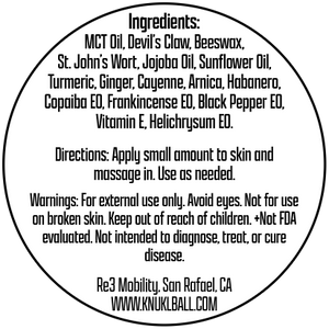 KNUKLBALM Warming Rub ingredients label - MCT oil, essential oils, natural botanicals for therapeutic muscle and joint pain relief