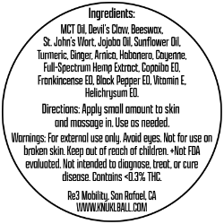 KNUKLBALM Warming Rub +CBD ingredients label - full-spectrum hemp extract, MCT oil, essential oils and natural botanicals for pain relief
